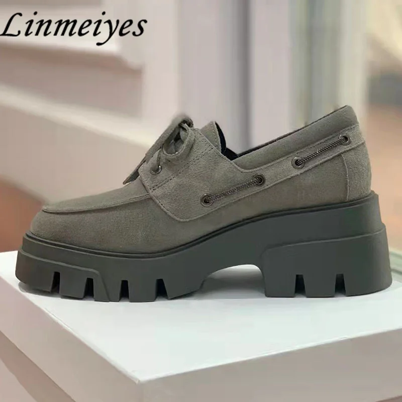 

Classic Thick Sole Casual Shoes Women Lace Up Round Toe Derby Shoes Comfort Flat Shoes Woman String Bead Chain Loafers Women