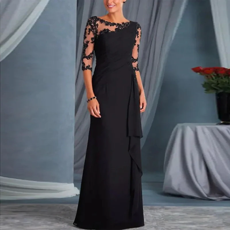 

Elegant Long Black Chiffon Mother of the Bride Dresses With Sleeves Sheath Lace Floor Length Mother of the Groom Dress for Women