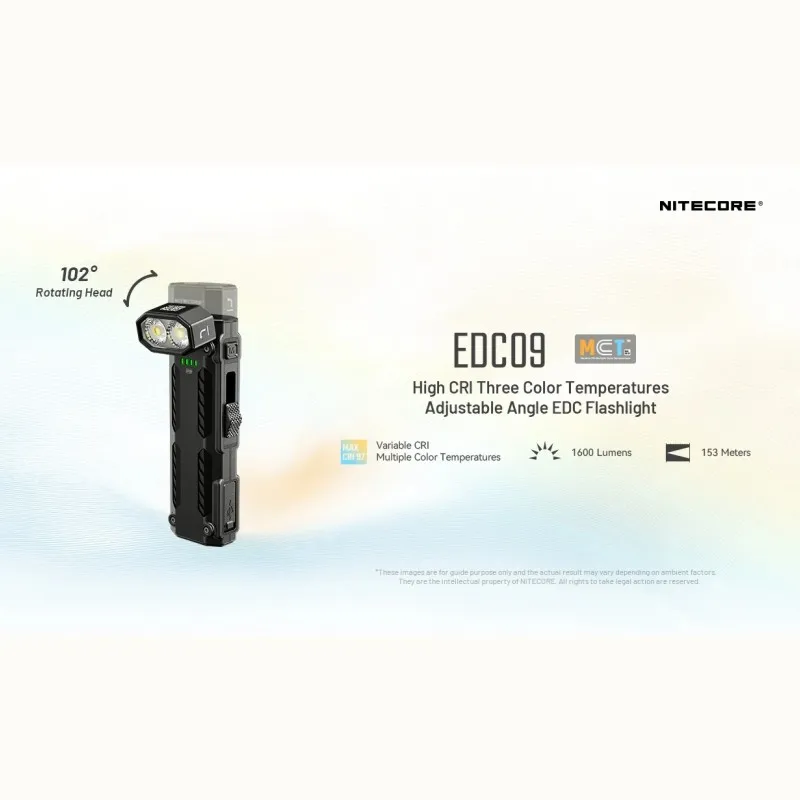 NITECORE EDC09 1600루멘 USB-C 충전식 EDC 손전등 내장 배터리 조절 가능한 각도 휴대용 작업등