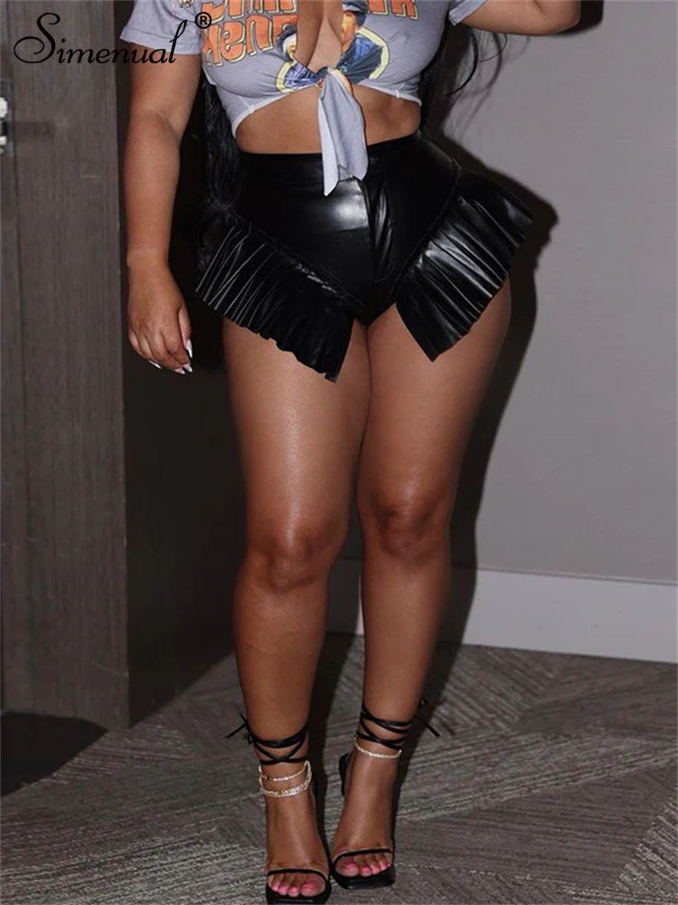 Simenual Black Faux Leather Pu Ruffle Shorts Y2K Hot Pleated High Waist Mini Pants Baddie Bottoms Trim Clubwear For Women 2023