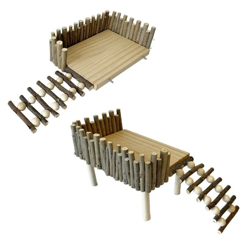 

Natural Wood Platform Stand for Hamster Mini Gerbil Young Bird Parrot Playground with Climbing Ladder