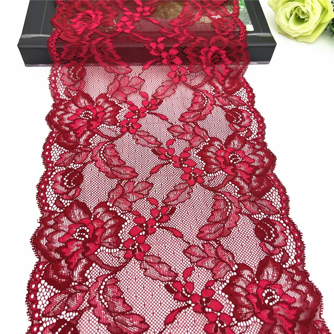 3y/lot Width 7 5/8 inch (19.50cm) Red Elastic Stretch Lace Trim 3