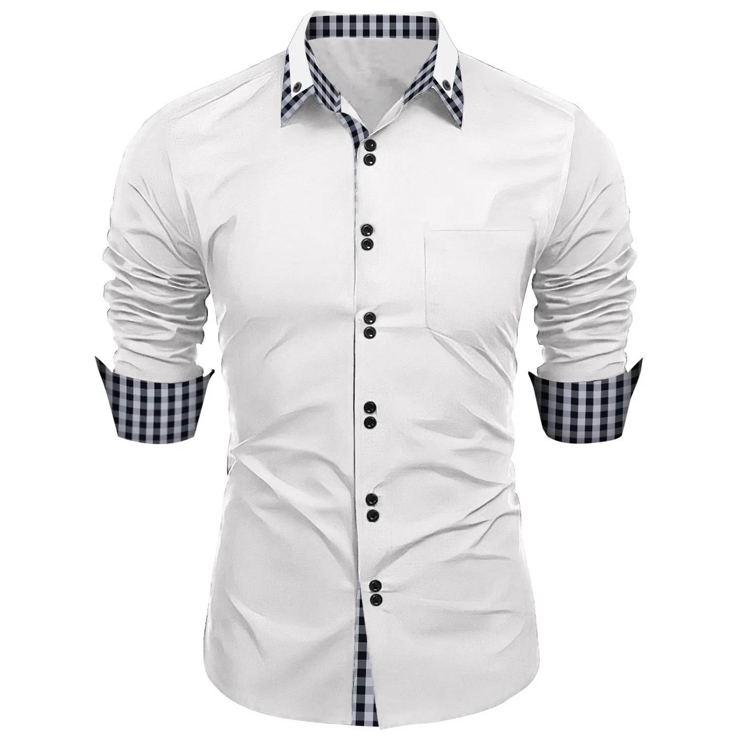 Daily Business Office Splicing Checkered lapel long-Sleeved shirt European and American Men