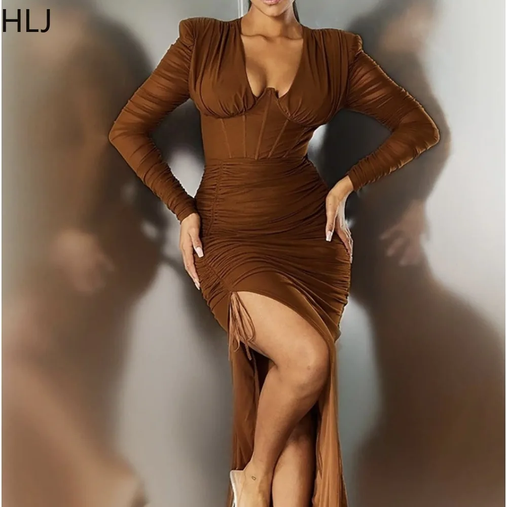 

HLJ Spring New Deep V Bodycon High Slit Drawstring Dresses Women Long Sleeve Slim Ruched Vestidos Fashion Solid Slim Streetwear