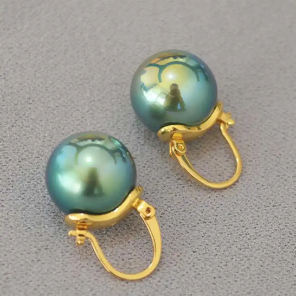 

Highlights 16MM Peacock Green Shell Pearl Earrings 18K Jewelry FOOL'S DAY Beautiful Classic Aquaculture Hook Women Lucky