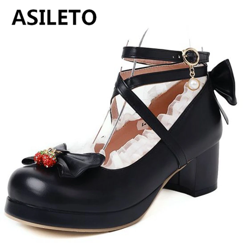 

ASILETO Women's Platform Pumps Round Toe Thick Heels Bowtie Buckle Ankle Strap Lolita Large Size 30-48 Pink Black Spring S3274