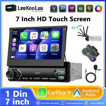 Leekooluu-Radio con cable para coche, reproductor Multimedia con Android, Carplay, pantalla retráctil Manual de 7 pulgadas, 1 Din, MP5, vídeo, Universal 1