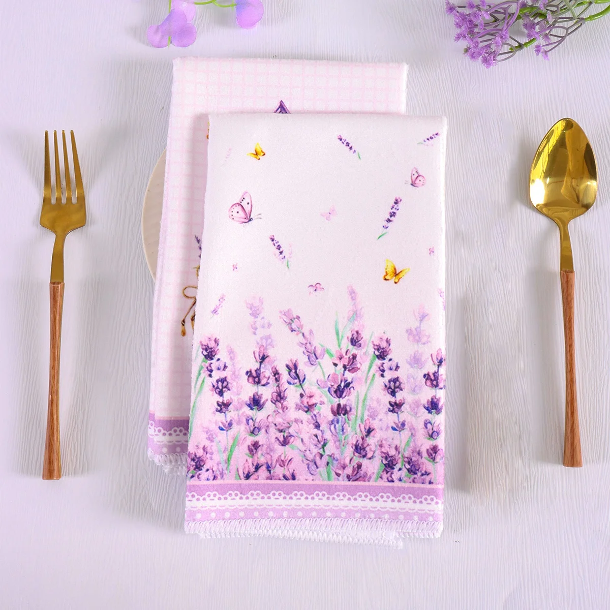 Set of 2 Purple Lavender Hand Towels - Rustic Floral Kitchen and Decorative Tea Towels