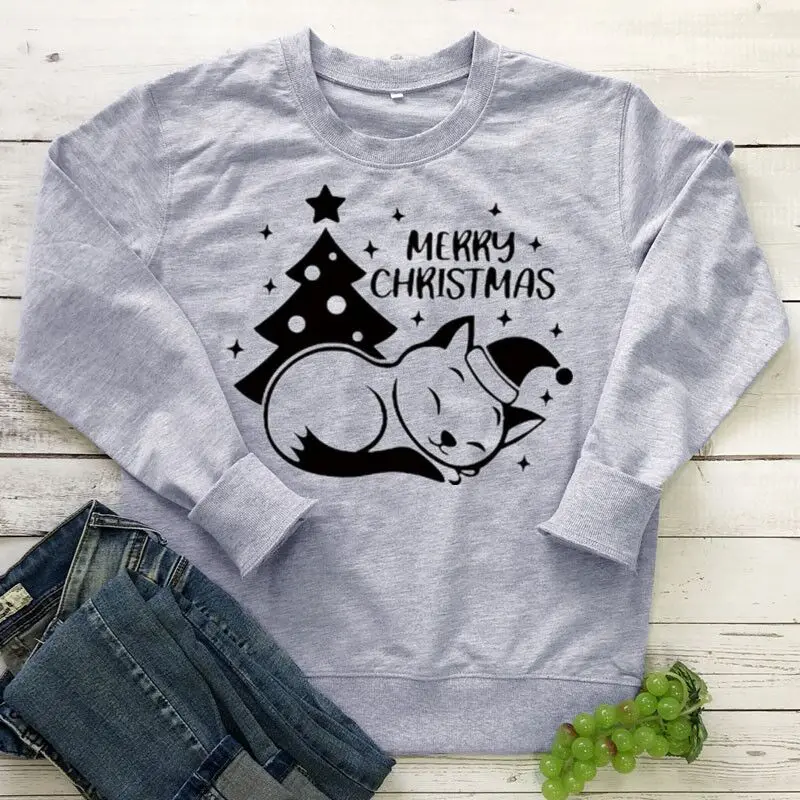 Christmas Cat, Merry Sweatshirt Holiday Gift Family 100% Cotton Solid Thicken Warm Women Sweatshirts Lady Fashion Drop shipping