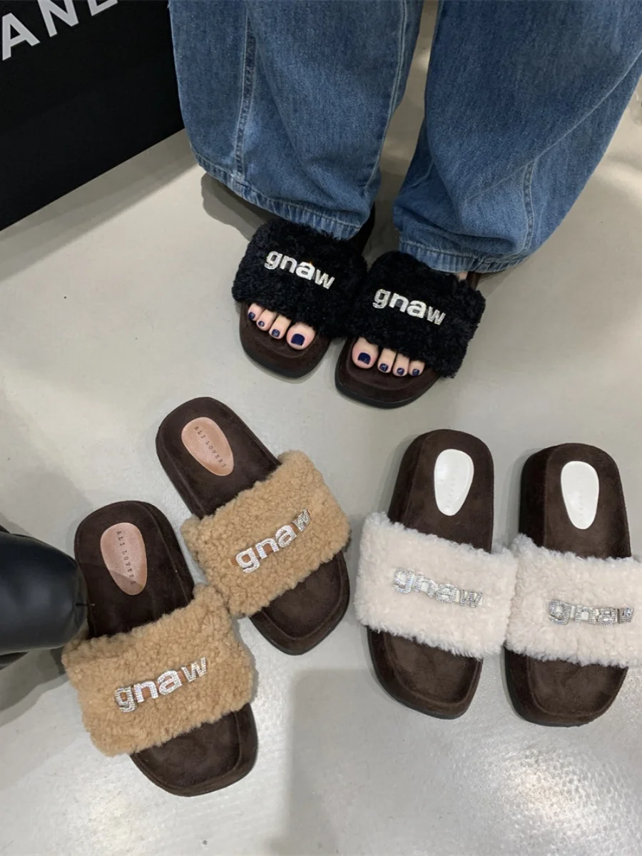 

Slippers Casual Shoes Glitter Slides Flock Fur Flip Flops Low Platform Luxury Jelly Plush Flat Rome Rubber Crystal with fur Basi