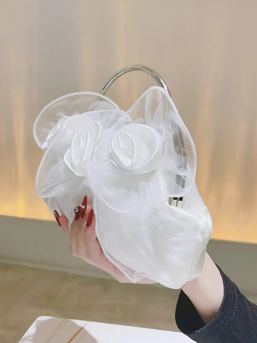 신부 꽃잎 클러치 신부 핸드백, 이브닝 백 새틴 로즈 우아한 지갑 신부 들러리 웨딩 파티 포멀 화이트 핸들 백 4