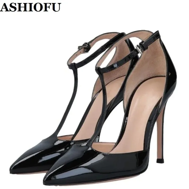 

ASHIOFU Real Photos Women's Stiletto Heeled Pumps Patent Leather Pointed Toe T-strap Shoes Party Prom Evening Fashion Courtshoes