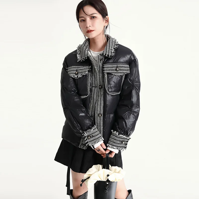 

2022 Winter New Women's Trend Splicing Tweed Letter Chapter Down Jacket Collision Color Warm Down Jacket