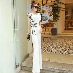 Temperament Chiffon Jumpsuit Women's Summer New Fashion Contrast Color Ruffle Sleeve High Waist Rompers Playsuits Wide Leg Pants