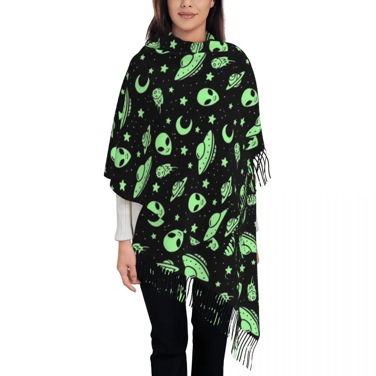 

Women's Tassel Scarf UFO And Alien Pattern Long Soft Warm Shawl Wrap Daily Wear Cashmere Scarf