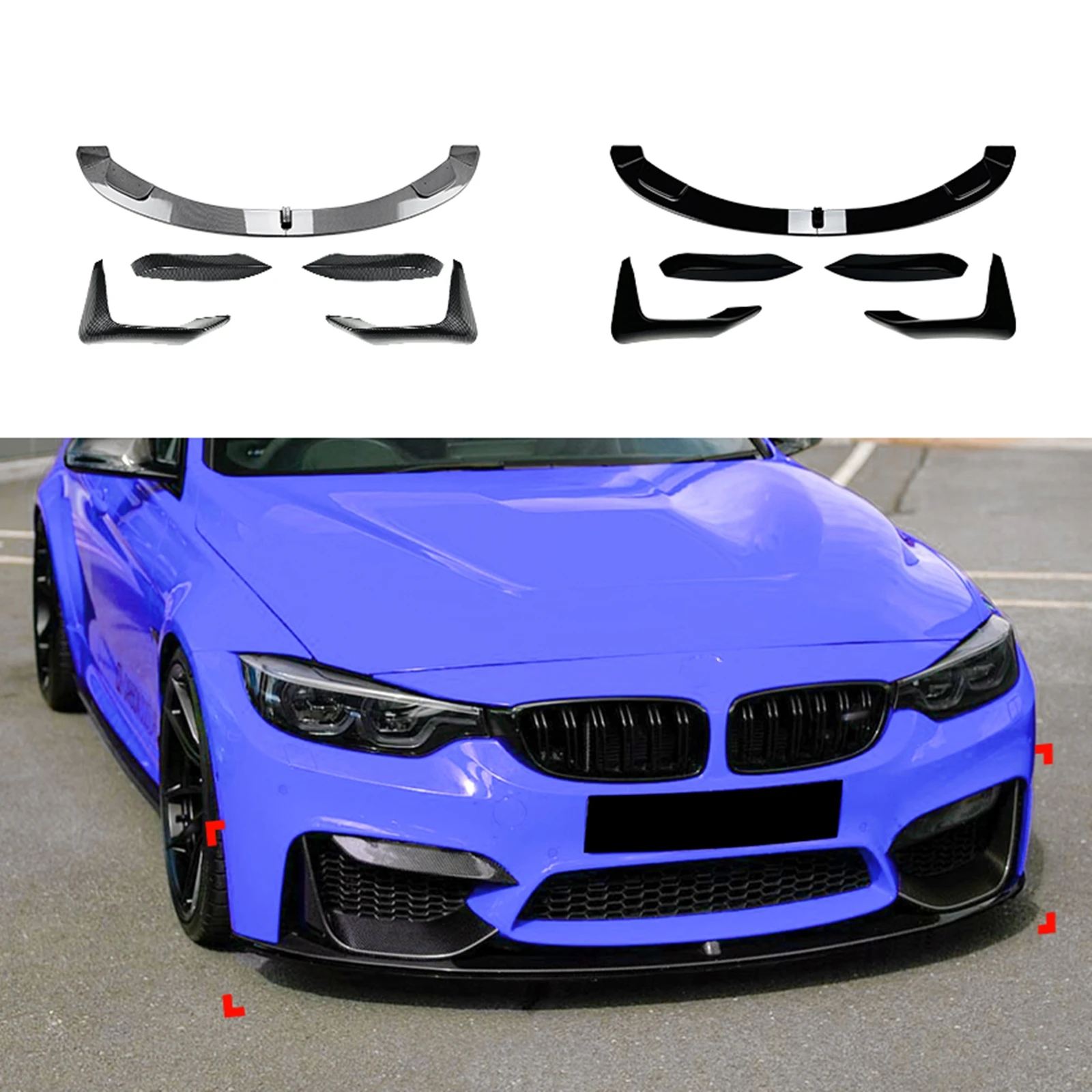 

Для BMW F80 M3 F83 F82 M4 2015-2020 комплект кузова автомобиля передний бампер губа + боковой спойлер угловая крышка + Верхняя Рамка вентиляционного отверстия разделитель отделка
