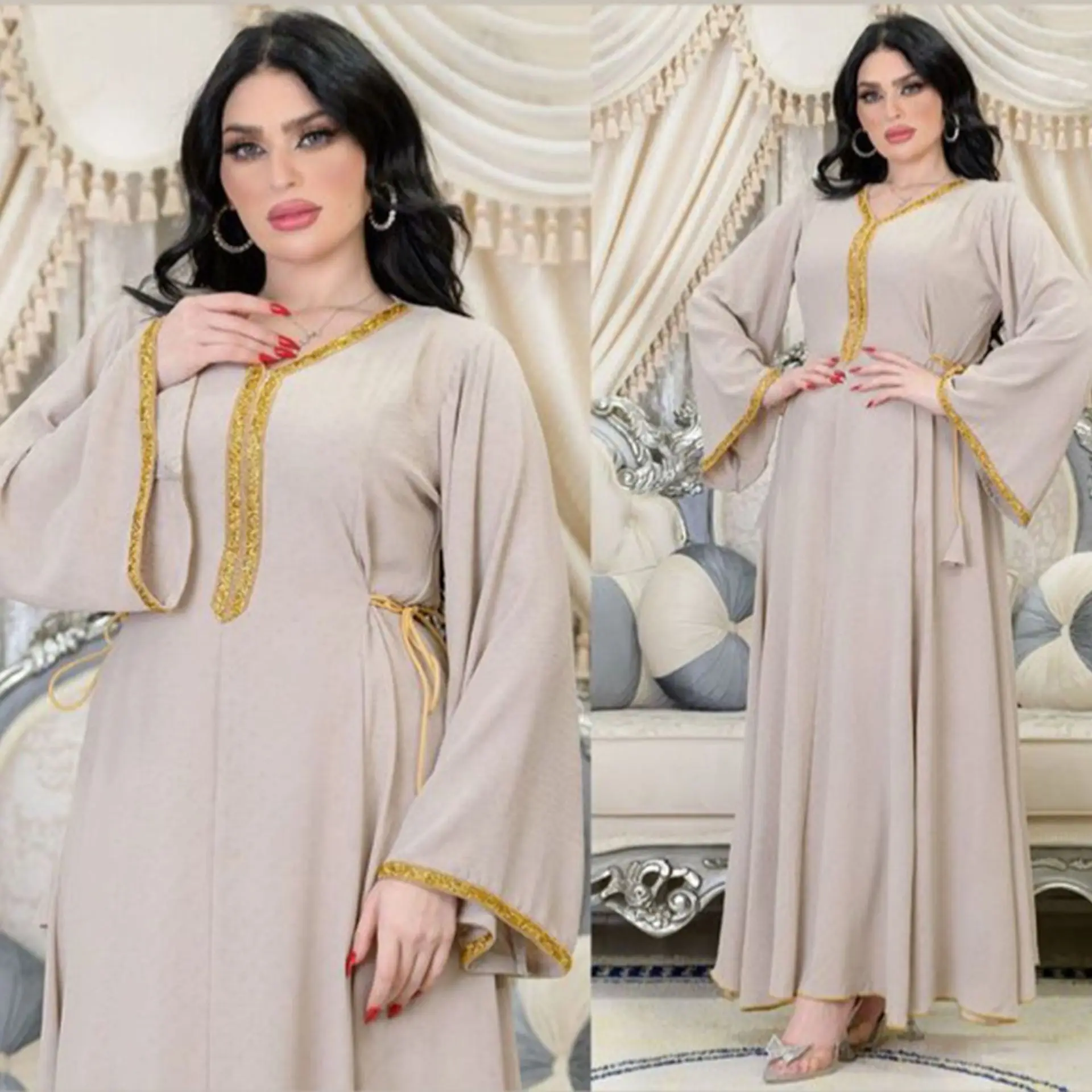Moroccan Abaya Basic Chic Solid Long Dress Diamonds Full Sleeve V-Neck Sashes Muslim Casual Elegant Evening Dress Women Clothing