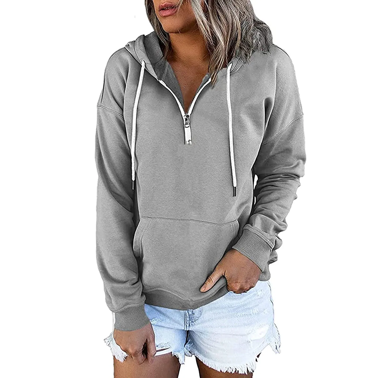 Pullover For Women's Button Down Hoodies Drawstring Hooded Pocket Casual Long Sleeve V Neck Sweatshirts Tops Sudadera Mujer 2024