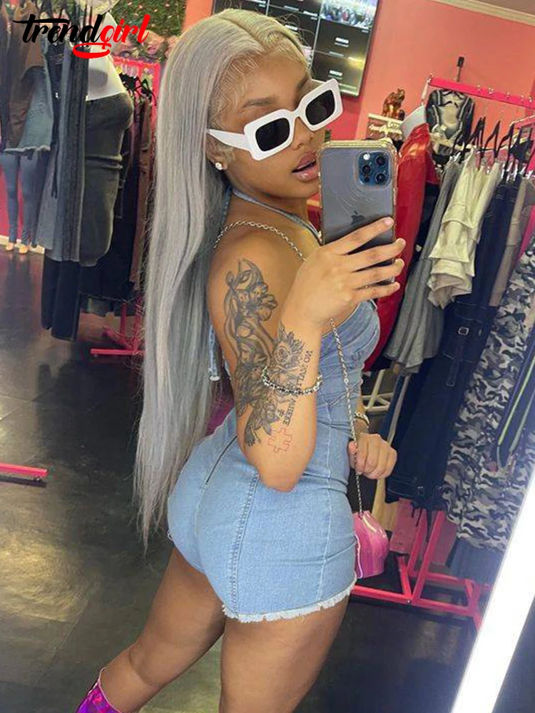 Trendgirl Sexy Lace-up Halter Denim Stretch Short Jumpsuit Women Backless Night Club One Pieces Romper Birthday Jean Playsuits