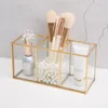 Premium Glass Makeup Brush Organizer with Gold Rim Cosmetic Brush Holder for Lipstick Eyeliners Waterproof Dustproof Storage Box 6