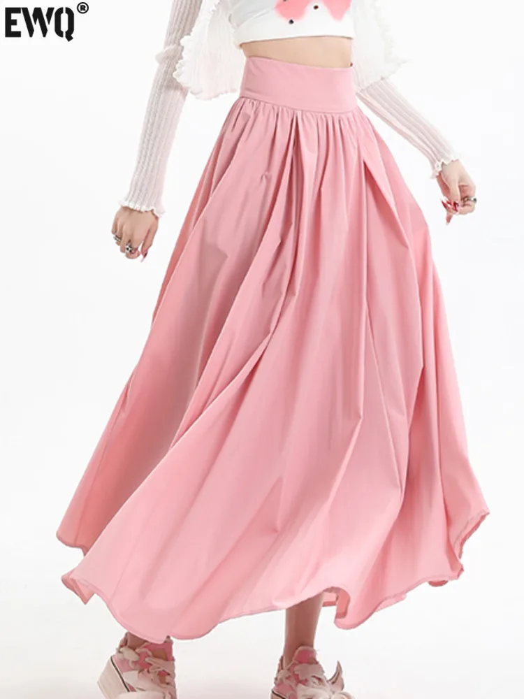 

[EWQ] Korean Elegant High Waist Solid Color Pink A-line Long Skirt Pleated Half Skirts For Women 2024 Spring Summer New 16U8942