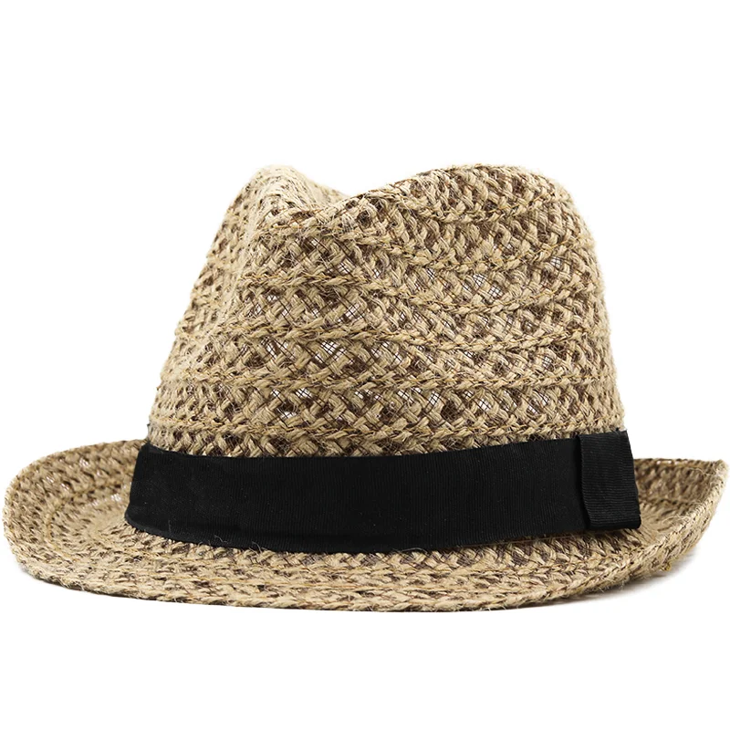 

Simple Handwork Women Summer Raffia straw Sun hat Boho Beach Fedora hat Sunhat Trilby Men Panama Hat Gangster Cap