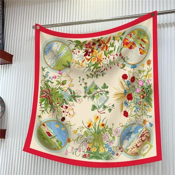 90CM sciarpa di seta donna piante fiori stampa sciarpe quadrate testa Echarpes foulard Femme avvolge scialle da spiaggia Bandana Lady Hijab 1