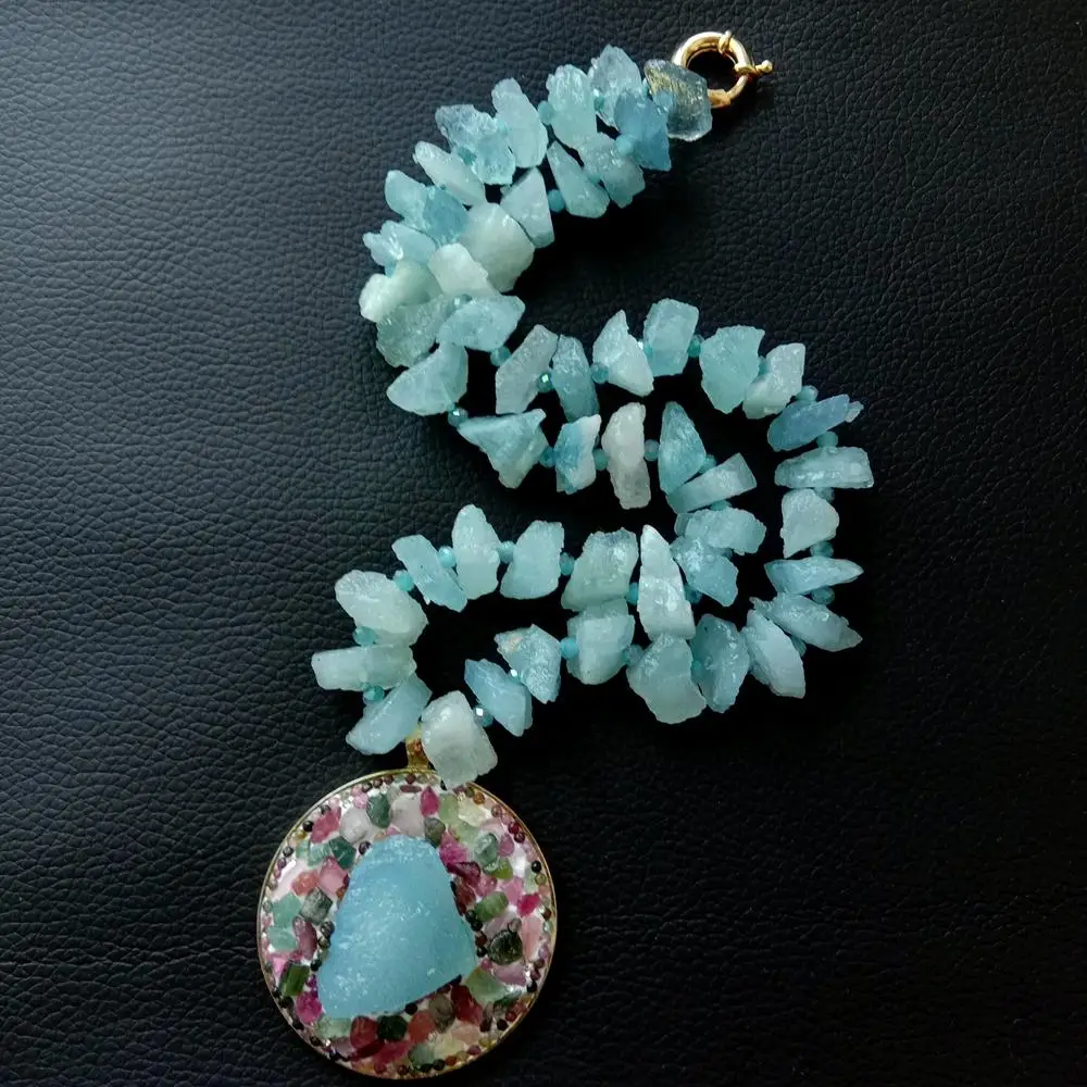 

Y·YING Natural Blue Aquamarine Rough Raw Necklace Tourmaline Aquamarine Pendant Gemstone Necklaces