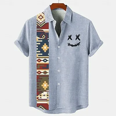 Retro ethnic totem print lapel men's short-sleeved shirt Hawaiian casual real bamboo linen loose men's tops fashion new style 5