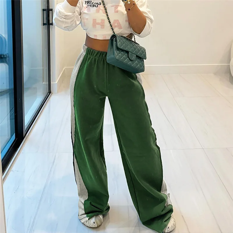 Patchwork Straight Pants Women Casual High Waisted Loose Hipster Panelled Trousers