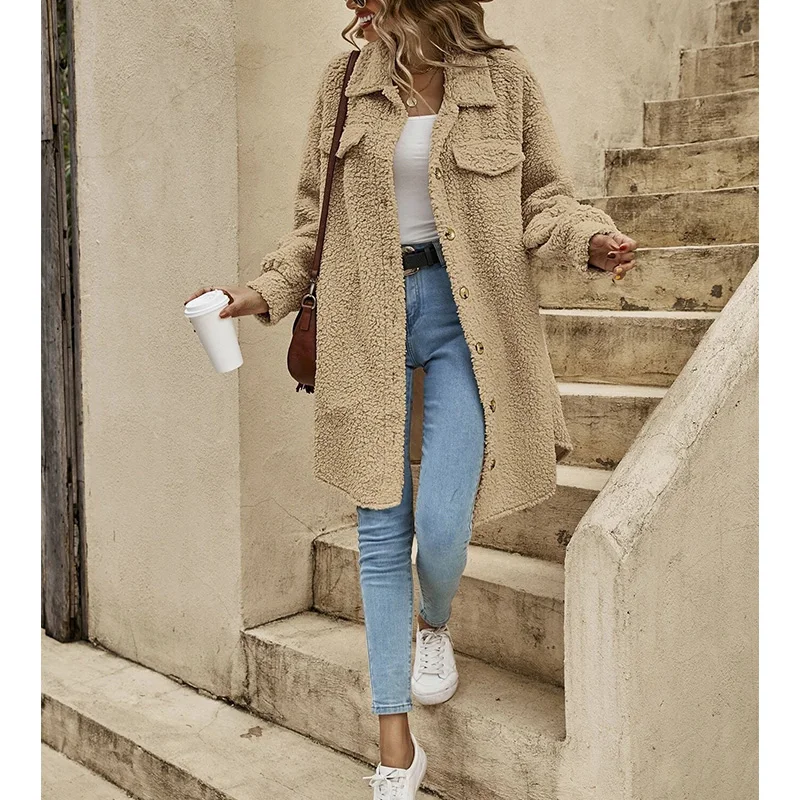 Winter Casual Open Button Lapel Plush Jacket Turn-down Collar Loose Solid Color Temperament Commuting Long Coat for Women