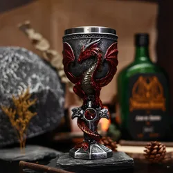 Exquisite Dragon Wine Goblet - Medieval Resin and Stainless Steel Chalice Drinkware (Red)