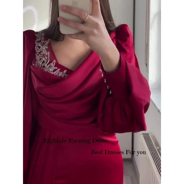 Red Long Puff Sleeve Evening Dress Women Elegant Luxury Appliques Beads Arabic Floor Length Prom Party Gown vestidos de noche 4