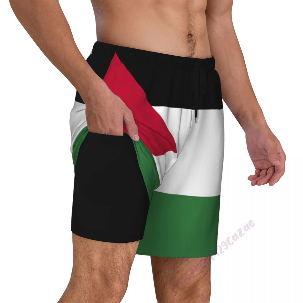 

Palestine Flag 3D Mens Swimming Trunks With Compression Liner 2 in 1 Quick-Dry Summer Swim Shorts With Pockets