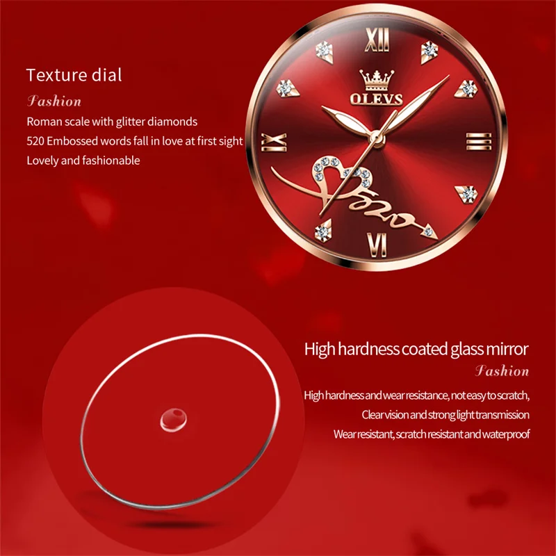 OLEVS Rose Gold Red Heart Dial Women Watches Luxury Watch For Women Fashion Casual Women's Bracelet Watches Waterproof Ladies
