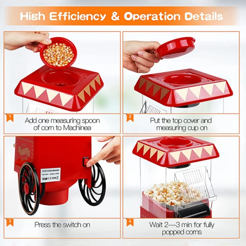 Popcorn Maker,Hot Air Popcorn Machine Vintage Tabletop Electric Popper, Healthy and Quick Snack for Home EU Plug