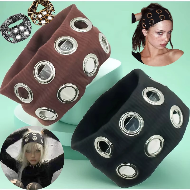Fabric Hollow Elastic Headband Demo Punk Grunge Hollowed Out Eyelets Wide Elastic Headband Grunge Stretchy Casual Hair Accessory