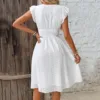 Women White V-Neck Beach Dress Solid Summer A-Line Half Sleeve Shirt Dress Casual Loose Pocket Sundress Holiday Baggy Long Robe 3