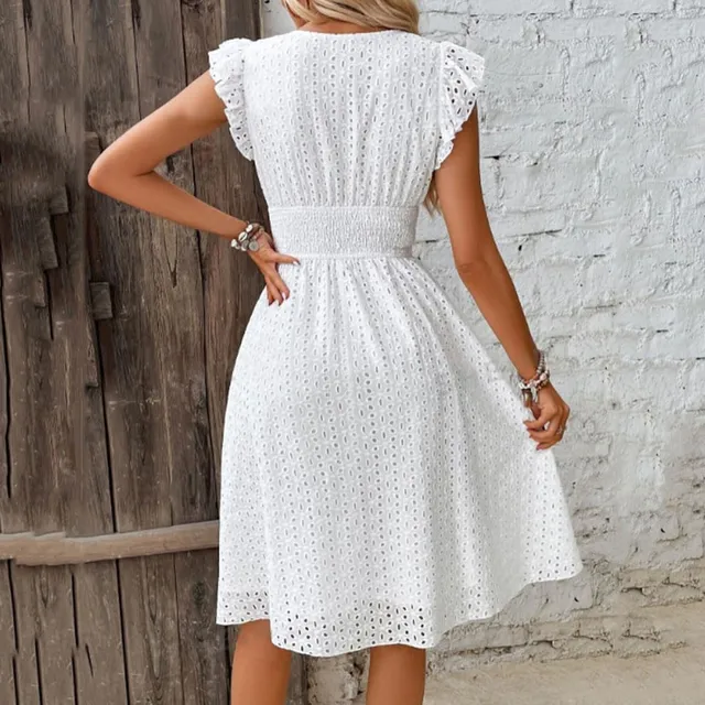 Women White V-Neck Beach Dress Solid Summer A-Line Half Sleeve Shirt Dress Casual Loose Pocket Sundress Holiday Baggy Long Robe 3