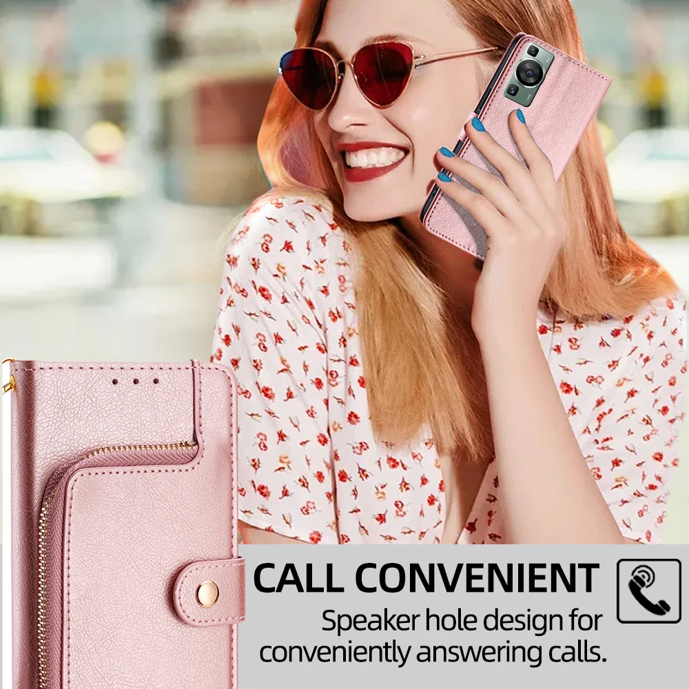Ladies Magnet Buckle Zipper Wallet Flip Phone Case with Card Slots
