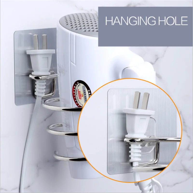 Hair Dryer Holder Blower Organizer Adhesive Wall Mounted Nail Free No Drilling Stainless Steel Spiral Stand Storage For Bathroom 4