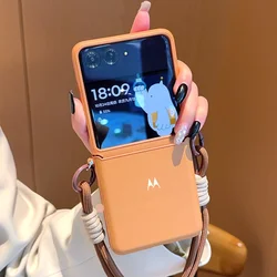 Elegant Plain Leather Flip Case with Wrist Strap - Protective Slim Cover - Moto Razr Ultra 2026 (Beige)