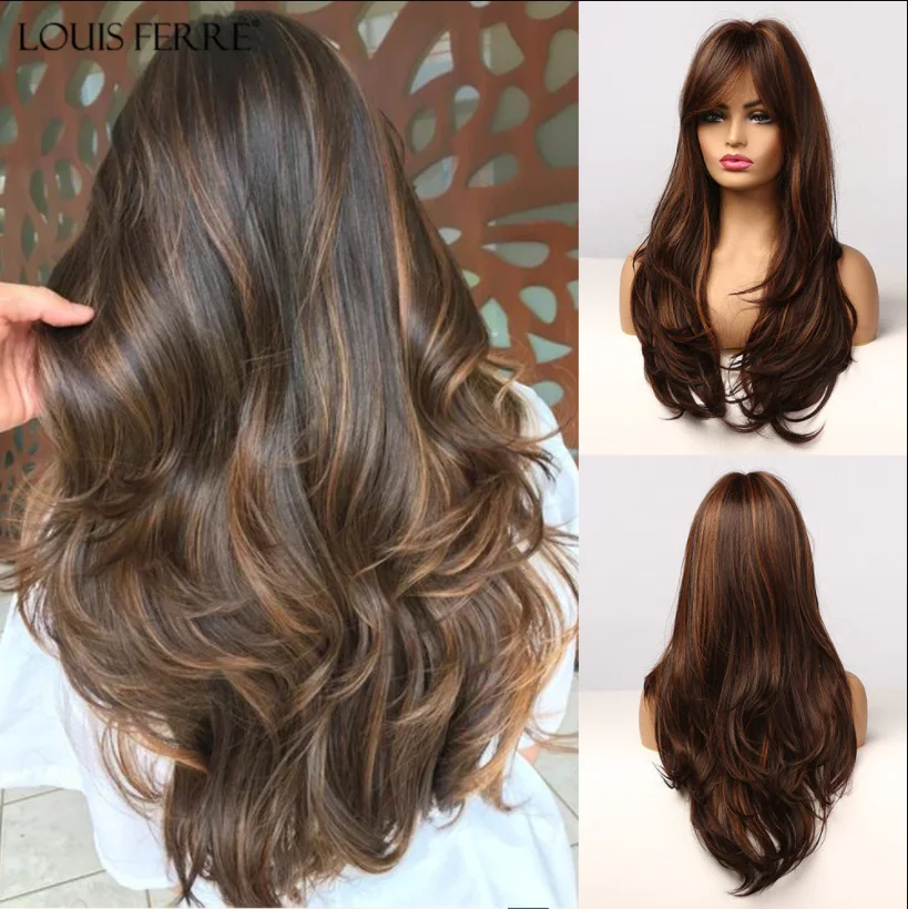 LOUIS FERRE Highlight Colored Wig for Women Long Wave Brown Blonde Ombre Bob Hair Wig with Bangs Daily Heat Resistant Fibre