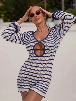 Abito corto in maglia scavata con pannelli da donna Sexy scollo a V con lacci svasati a maniche lunghe in vita Abiti da spiaggia da donna alla moda 1