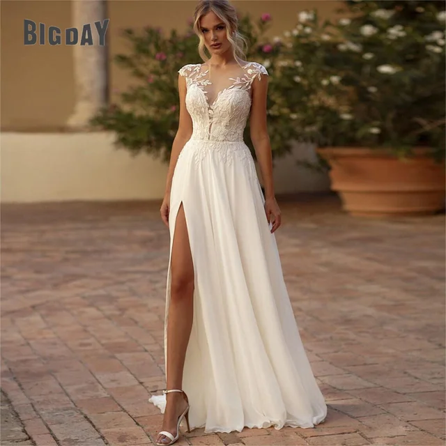 Elegant Boho Lace Wedding Dress Chiffon O-Neck Illusion Back Side Split Applique Bridal Party Gown Vestidos De Novia Customized 1