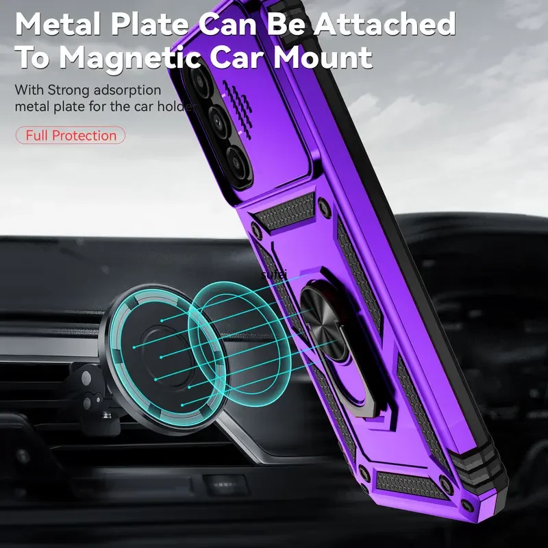 Shockproof Hybrid Dual Layer Magnetic Ring Stand Case with Slide Camera Protection Cover