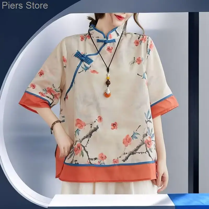 Spring Women Chinese Traditional Style Tops Cotton Linen Loose Blouses Cheongsam Female Vintage Buckle Hanfu Shirts Tang Suits
