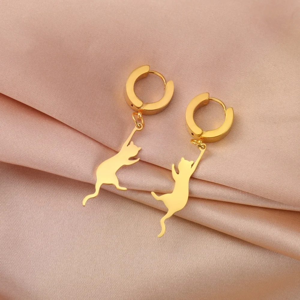 Eueavan Springende Katze, baumelnde Ohrringe, Edelstahl, lange Quasten, Creolen, niedliches Kätzchen, Tierschmuck, Geschenke für Frauen und Mädchen – Detail 14