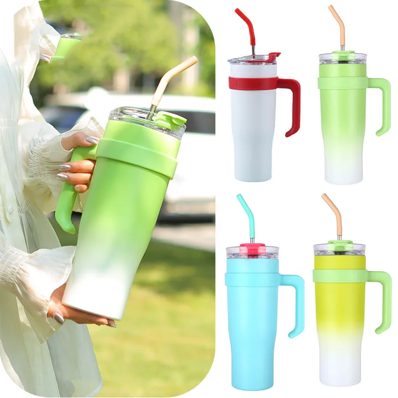 Large Capacity Mug 40oz Straw Thermos Cup With Handle Vacuum