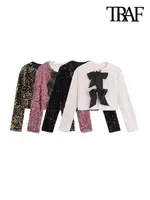 TRAF-Women's Long Sleeve Sequined Cropped Jacket, O Neck Coat, Female Outerwear, Chic Tops, Bow Tied 1